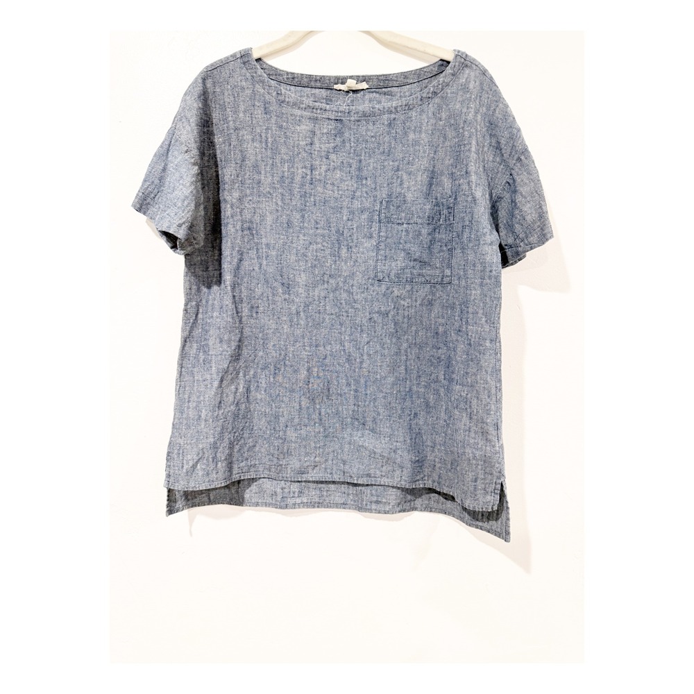 Eileen Fisher Womens Blue Short Sleeve Boat Neck Pocket Top Size S